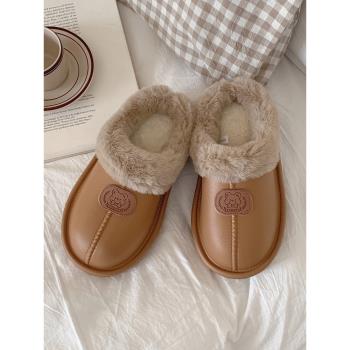 個性簡約卡通小熊防水棉拖鞋女冬季室內防滑保暖復古風毛絨月子鞋
