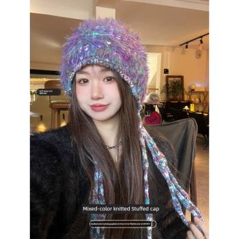 韓版手工編織混色針織毛線綁帶毛絨帽子女冬季保暖百搭護耳包頭帽