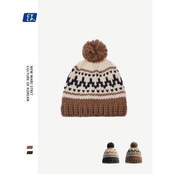 新款提花毛球針織帽女冬季保暖韓版顯臉小時尚北歐風格護耳毛線帽