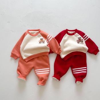 韓版寶寶運動套裝冬加絨加厚保暖衛衣可愛卡通刺繡嬰幼兒運動褲厚
