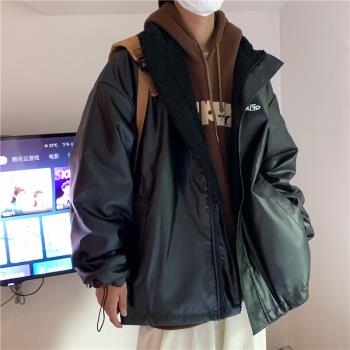兩面穿羊羔絨棉服男冬季2024新款潮牌立領bf港風保暖PU皮棉衣外套