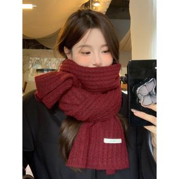 含羊毛紅色圍巾女冬季2023新款高級感保暖加厚保暖防寒針織圍脖女