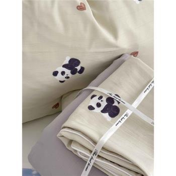 軟萌熊貓雙層紗四件套a類母嬰級提花床上用品可愛少女被套床單1.5