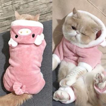 貓咪衣服秋冬季保暖小豬變身四腳棉衣小貓可愛幼貓小狗寵物戴帽裝