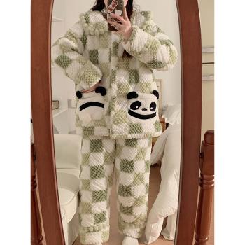 熊貓睡衣女款秋冬季珊瑚絨夾棉加厚三層保暖冬款家居服套裝法蘭絨