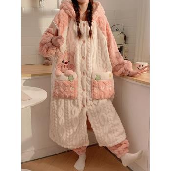 珊瑚絨睡袍女冬季加絨加厚保暖甜美可愛2023新款法蘭絨家居服套裝