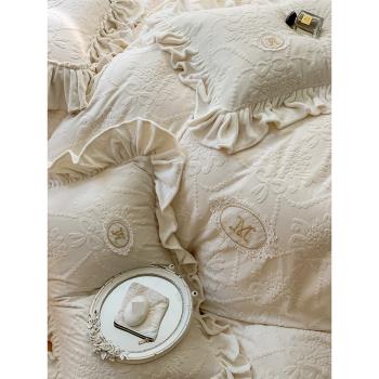 秋冬法式復古風保暖牛奶絨四件套雕花貼布繡加厚被套舒適床上用品