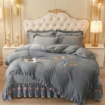 網紅牛奶絨冬天四件套珊瑚絨雙面絨加厚保暖床單被套藍色床上用品