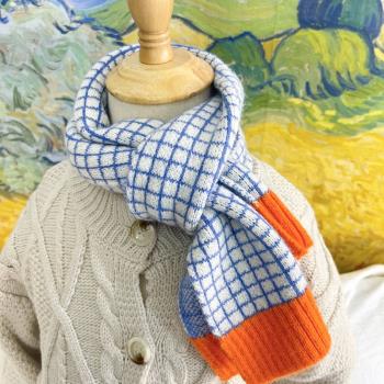 針織保暖毛線拼色格子冬季圍巾