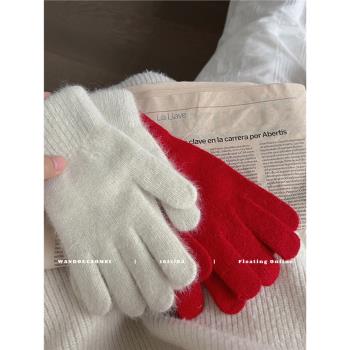 冬季保暖紅色女韓國羊毛厚手套