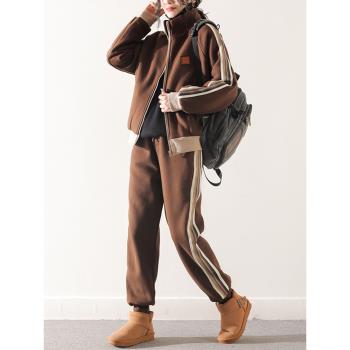 皇森休閑加絨運動套裝女2023冬季新品加厚韓版時尚寬松保暖兩件套