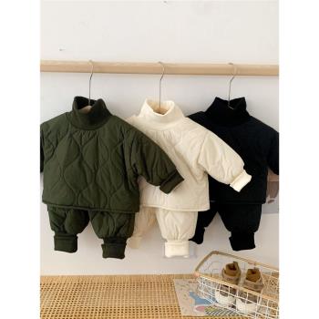 寶寶加厚棉衣棉褲套裝嬰兒加絨外出衣服保暖冬季時尚簡約兩件套