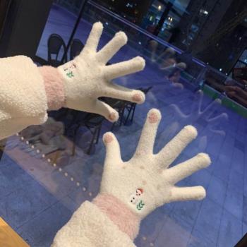 圣誕雪人觸屏手套女冬可愛韓版學生兔毛茸茸加絨全指保暖少女心