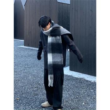 韓國冬季加厚圍巾男高級感保暖百搭黑白格圍脖女氣質馬海毛披肩潮