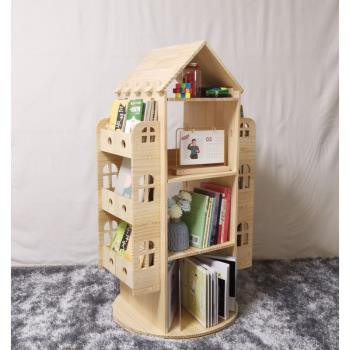 實木旋轉書架360度轉動兒童繪本架落地多層收納架家庭創意置物架
