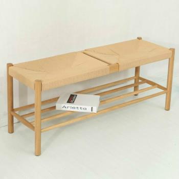 北歐橡木實木換鞋凳牛皮繩編織床尾長條凳子餐椅簡約現代日式風格