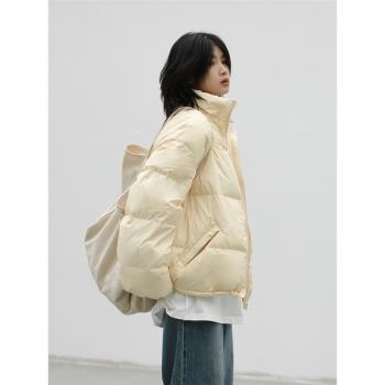 CV大碼女裝 秋冬季街頭休閑立領短款麵包服90白鴨絨純色羽絨服女