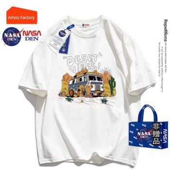 NASA聯名夏季純棉圓領短袖t恤女2023新款美式復古寬松打底衫上衣
