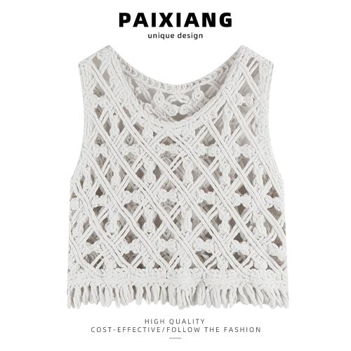 PAIXIANG/針織鏤空無袖吊帶背心女夏季2025新款度假風辣妹短上衣
