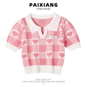 PAIXIANG/針織粉色愛心刺繡短袖襯衫女夏季新款2024新款減齡上衣