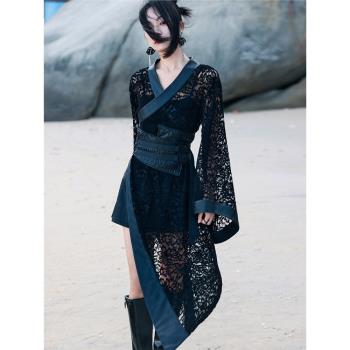 大青龍肆新中式女裝拼皮外套春季復古黑色改良漢服蕾絲不對稱上衣
