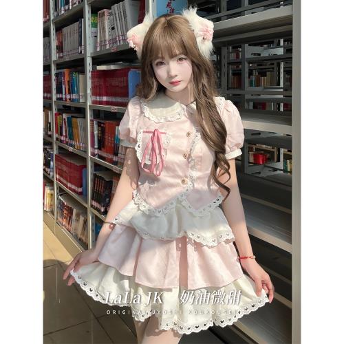 啦啦醬 奶油微甜 高腰蛋糕裙套裝奶乖甜上衣小個子半身裙顯瘦短裙