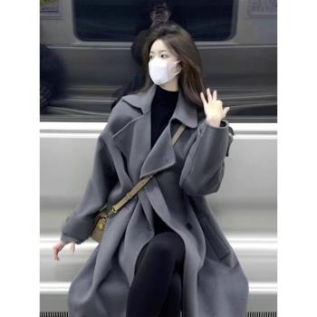外套女秋冬2023新款灰色風衣中長款高級感氣質韓系赫本風毛呢大衣