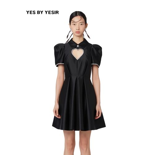 YES BY YESIR葉謙原創設計高級感鏤空泡泡袖紅色甜心輕禮服連衣裙