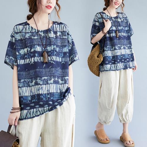 2025夏裝新款韓版大碼女裝棉麻印花T恤文胖mm復古V領斜襟拼色上衣