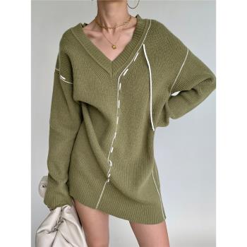 PAPERLLL綠色慵懶風v領針織衫