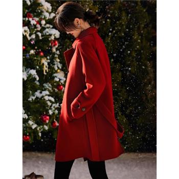 XWI/欣未新年紅色腰帶收腰毛呢外套女冬季通勤簡約氣質雙面呢大衣