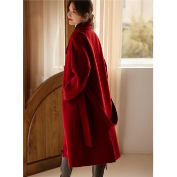 XWI/欣未100%綿羊毛圣誕新年紅色雙面呢外套女冬季中長款毛呢大衣