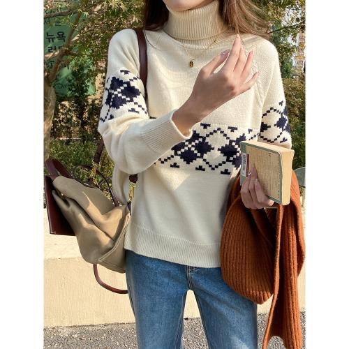 百分之三 格林威治公園 設計感費爾島提花加厚高領毛衣針織衫寬松