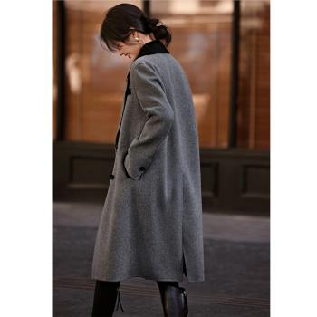 XWI/欣未西裝領雙面呢大衣女冬季優雅氣質拼接撞色中長款毛呢外套