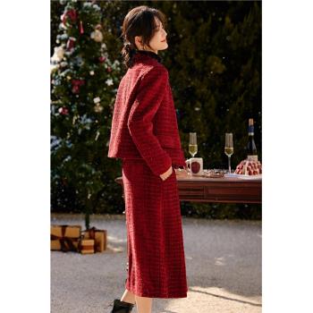 XWI/欣未圣誕新年紅色粗花呢外套套裝女冬季優雅氣質半身裙兩件套