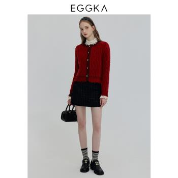 EGGKA 小香風微閃黑色半身裙2023冬季復古設計感顯瘦優雅A字短裙