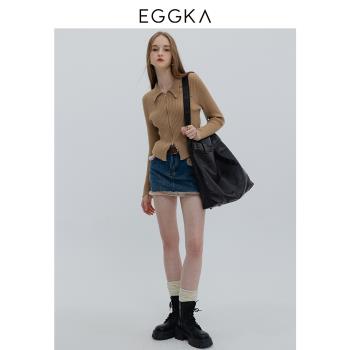 EGGKA 純色雙頭拉鏈針織衫秋冬女慵懶氣質羊絨不規則長袖翻領上衣