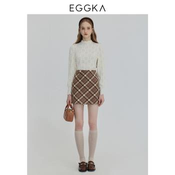 EGGKA 格子毛呢半身裙冬季時尚百搭流行潮流氣質顯腿長短款A字裙