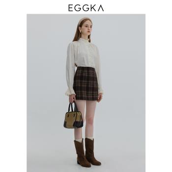 EGGKA 立領木耳邊襯衫秋冬美式風溫柔甜美可愛少女感花邊長袖上衣