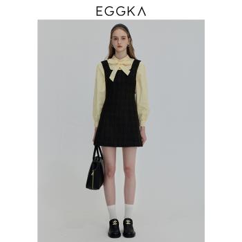 EGGKA 單排扣綁帶襯衫背帶裙套裝2023冬季學院風長袖上衣連衣裙女