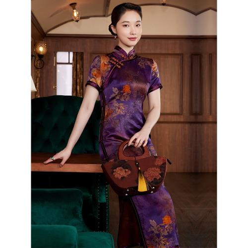 璽玥2025年新款女夏花羅香云紗長旗袍中國風修身氣質年輕款連衣裙