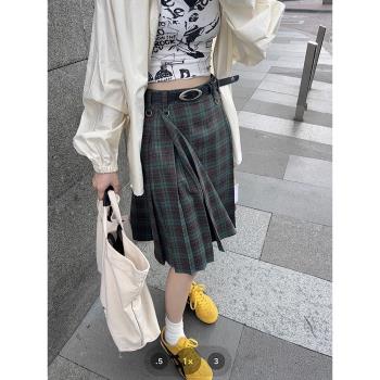 美式復古格子早秋中長款半身裙