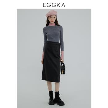 EGGKA 撞色針織上衣秋冬內搭小香風修身學院風條紋半高領長袖毛衣