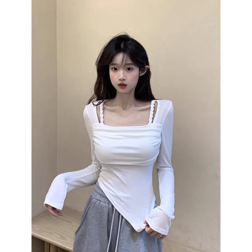 白色方領長袖打底衫女春秋2025新款設計感小眾修身不規則內搭上衣