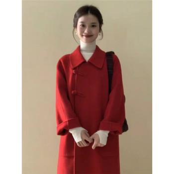 紅色雙面羊絨毛呢子大衣外套女2023秋冬季新款赫本風高級感小個子