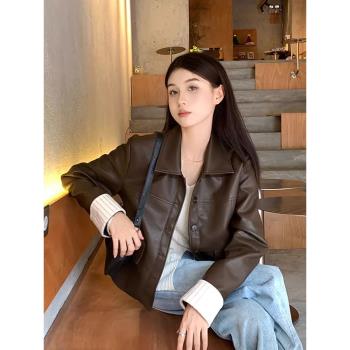 復古美拉德咖色短款皮衣外套女春秋2025新款爆款pu皮機車夾克上衣