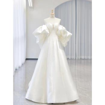 一字肩緞面輕主婚紗2023新款新娘高級感出門紗超仙法式迎賓禮服女