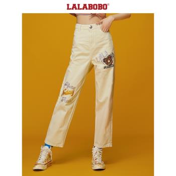 LALABOBO刺繡牛仔直筒褲設計師