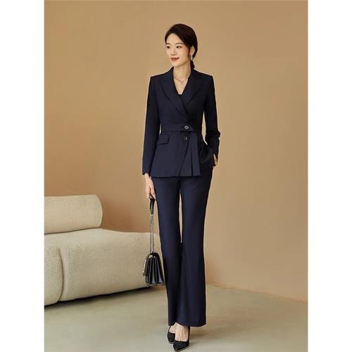 女子成鑒 高級感時尚簡約藏藍色職業套褲新款女春秋通勤西服外套