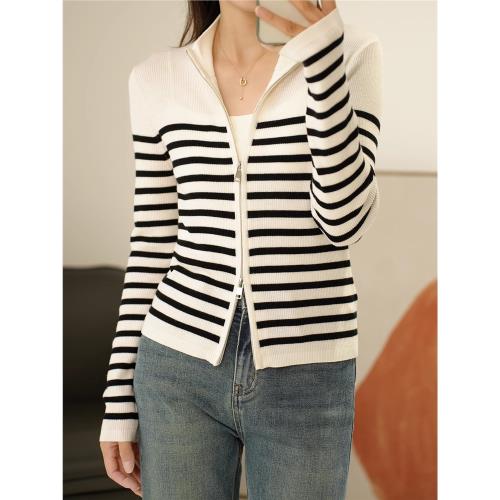 美麗奴細羊毛 女士立領條紋針織開衫 百搭短款毛衣外套 秋冬款